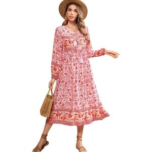 R.‎ Vivimos Pink & Red Tassel Boho Maxi Dress Size S